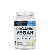 A container of Transparent Labs Organic Vegan Protein powder, which is a white powder packaged in a white jar with blue and green label.