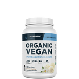 A container of Transparent Labs Organic Vegan Protein powder, which is a white powder packaged in a white jar with blue and green label.