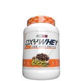 A container of OxyWhey Lean Whey Protein powder with a chocolate caramel flavor, marketed for muscle growth and recovery.
