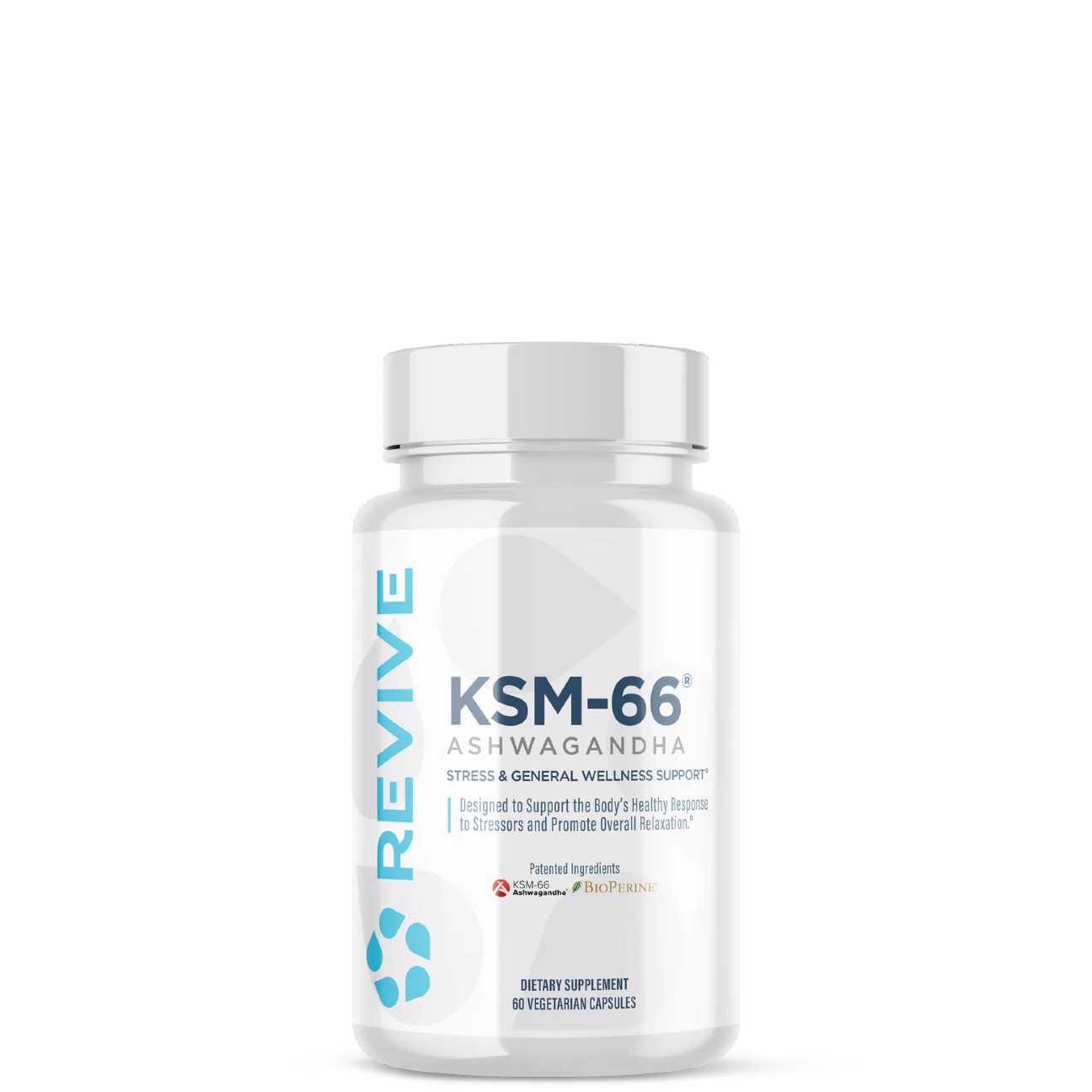 A bottle of Revive KSM-66 Ashwagandha supplement with a white label on a plain background.