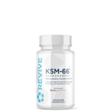 A bottle of Revive KSM-66 Ashwagandha supplement with a white label on a plain background.