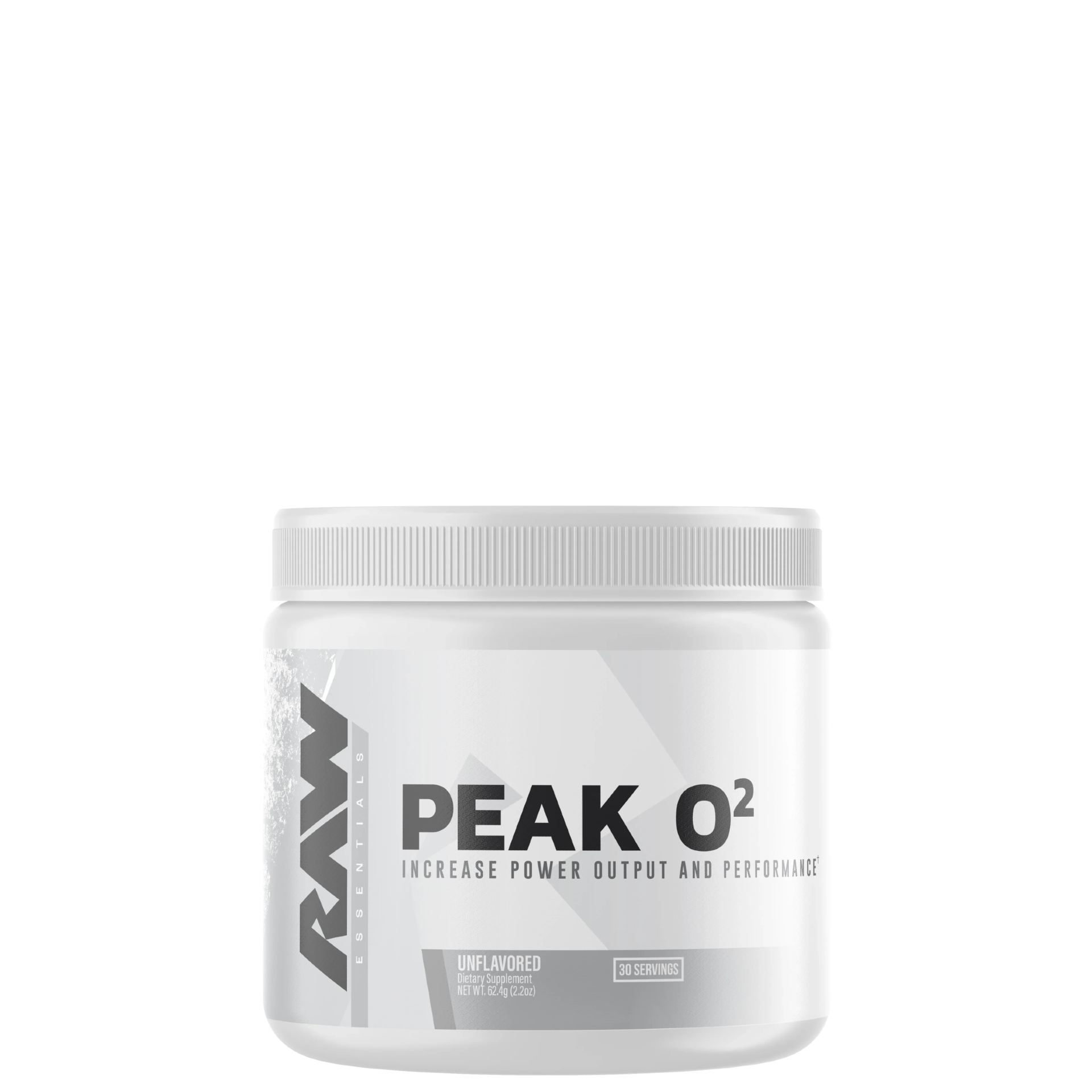 A container of Peak O2 supplement powder from Raw brand, primarily white in color with brand and product name displayed.