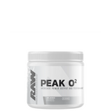 A container of Peak O2 supplement powder from Raw brand, primarily white in color with brand and product name displayed.
