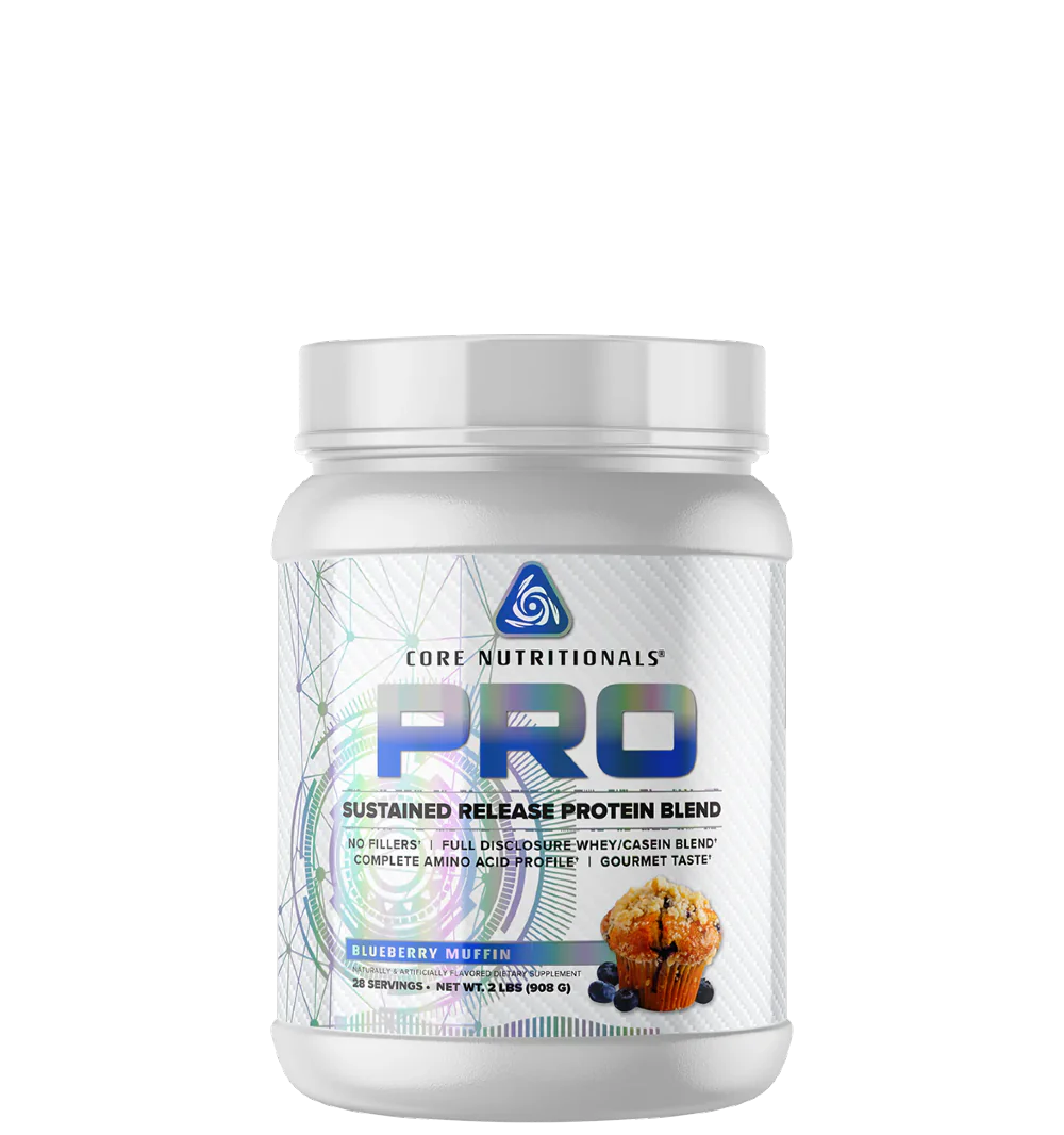 A container of Core Nutritionals' PRO sustained release protein blend with a blue and silver label, featuring an image of a scoop of protein powder and fruits.