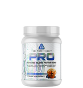 A container of Core Nutritionals' PRO sustained release protein blend with a blue and silver label, featuring an image of a scoop of protein powder and fruits.