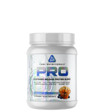 A container of Core Nutritionals' PRO sustained release protein blend with a blue and silver label, featuring an image of a scoop of protein powder and fruits.