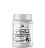 A container of Core Nutritionals' PRO sustained release protein blend with a blue and silver label, featuring an image of a scoop of protein powder and fruits.