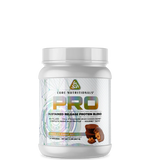 A container of Core Nutritionals' PRO sustained release protein blend with a blue and silver label, featuring an image of a scoop of protein powder and fruits.