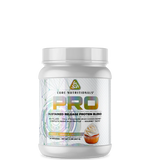 A container of Core Nutritionals' PRO sustained release protein blend with a blue and silver label, featuring an image of a scoop of protein powder and fruits.