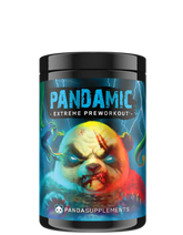 Container of PANDAMIC Extreme Pre-workout supplement with a graphic design featuring a stylized panda character