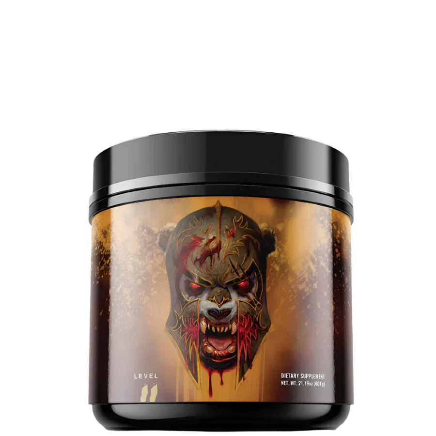 A container of Panda x V1 PANDAMUS Pre-Workout supplement with a graphic of a stylized panda in red and yellow on the label.