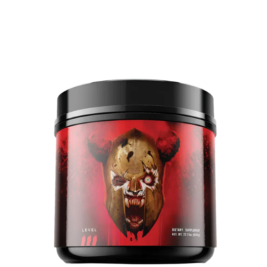 A container of PANDAMUS Pre-Workout supplement with a graphic design of a stylized panda on the label.