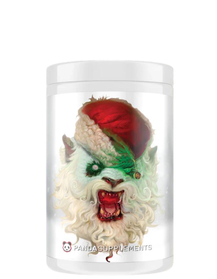 A container of Panda Supps PANTA Pre-Workout supplement with an illustration of a reindeer wearing a Santa hat on the label.