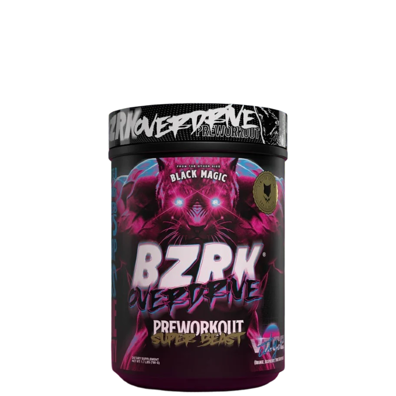 Container of BZRK Overdrive pre-workout supplement with a predominantly pink and purple color scheme and a spider graphic