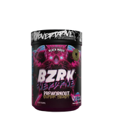 Container of BZRK Overdrive pre-workout supplement with a predominantly pink and purple color scheme and a spider graphic