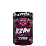 Container of BZRK Overdrive pre-workout supplement with a predominantly pink and purple color scheme and a spider graphic