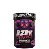 Container of BZRK Overdrive pre-workout supplement with a predominantly pink and purple color scheme and a spider graphic