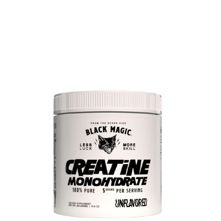 A container of Black Magic Supply's Pure Creatine Monohydrate, unflavored and labeled as 100% pure with 5g per serving.