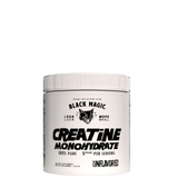 A container of Black Magic Supply's Pure Creatine Monohydrate, unflavored and labeled as 100% pure with 5g per serving.