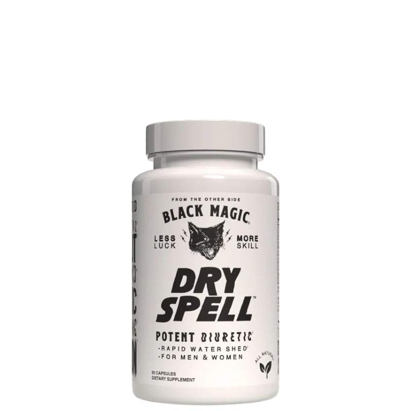 A bottle of 'Dry Spell - Ultra Potent Water Loss Formula' by Black Magic with white label and black text, indicating it's a dietary supplement for muscle definition.