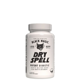 A bottle of 'Dry Spell - Ultra Potent Water Loss Formula' by Black Magic with white label and black text, indicating it's a dietary supplement for muscle definition.