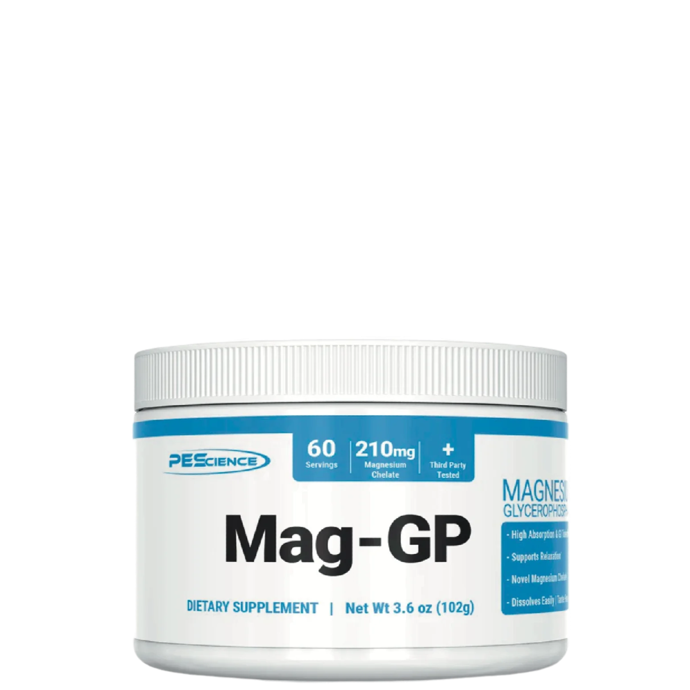 A container of PEScience Mag-GP dietary supplement powder, which is a magnesium glycerophosphate supplement.