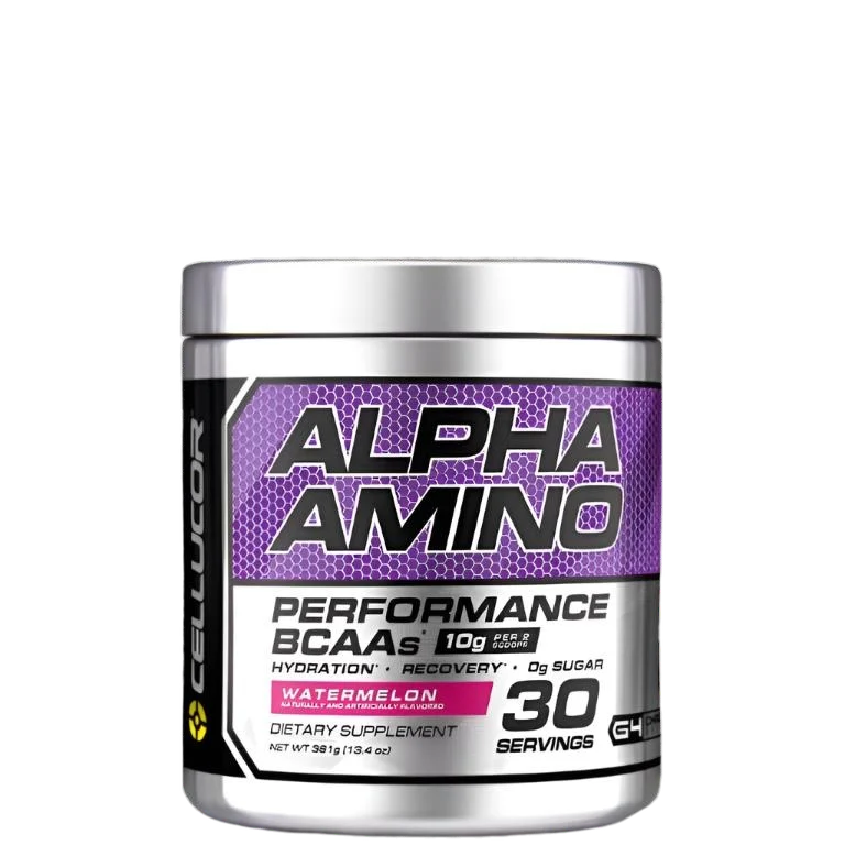 A container of Alpha Amino performance BCAA powder in watermelon flavor by Cellucor.