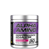 A container of Alpha Amino performance BCAA powder in watermelon flavor by Cellucor.