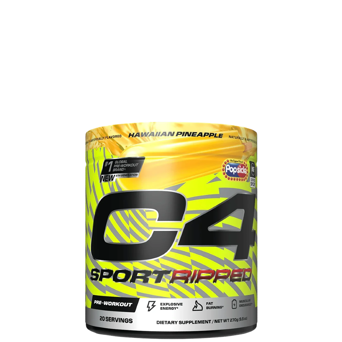 A container of C4 Sport Ripped Pre Workout Powder in Hawaiian Pineapple flavor.