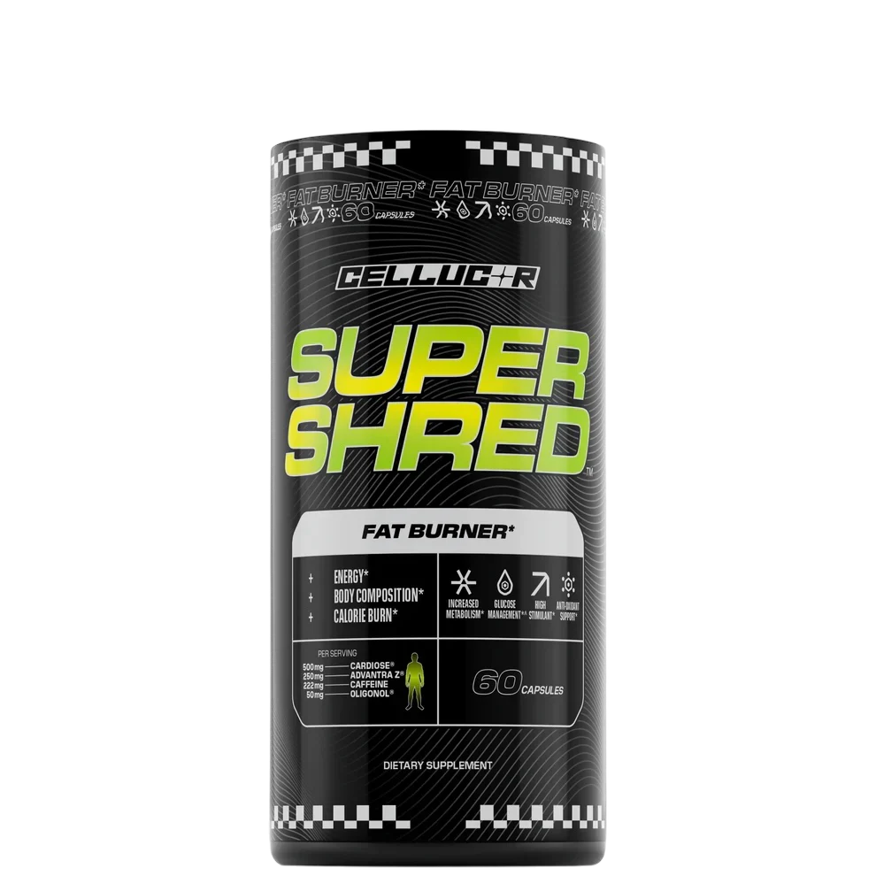A container of Cellucor Super Shred Fat Burner with black and green branding.