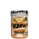 Container of BZRK Overdrive pre-workout supplement with a predominantly pink and purple color scheme and a spider graphic