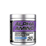 A container of Alpha Amino performance BCAA powder in icy blue razz flavor by Cellucor.