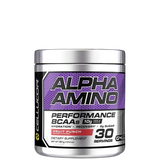 A container of Alpha Amino performance BCAA powder in fruit punch flavor by Cellucor.