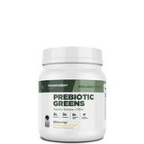 A white container labeled 'Transparent Wellness Series Prebiotic Greens' with additional text stating 'Superfood Greens + Fiber' and indicating 30 servings.