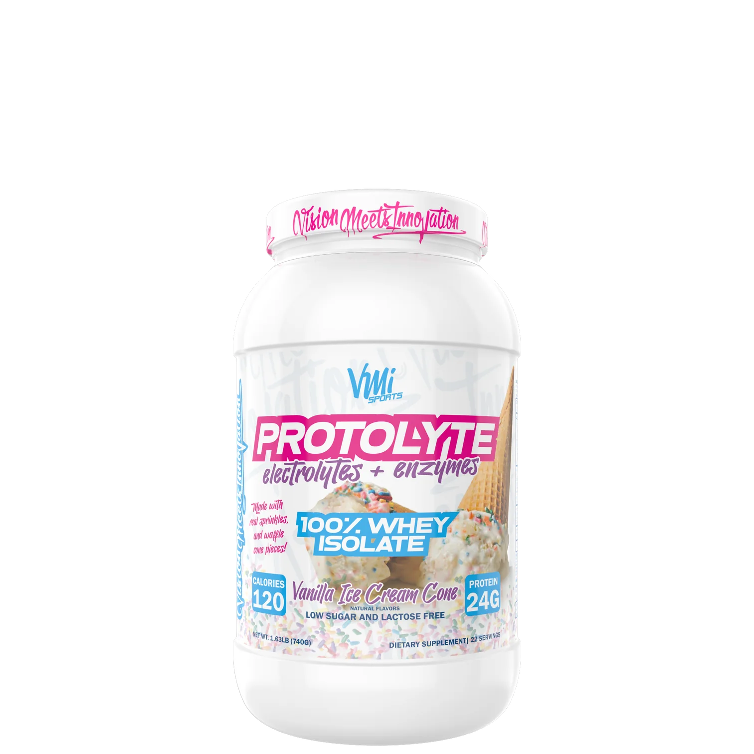 A container of VMI Sports Protolyte 100% Whey Isolate Protein powder with a pink label.