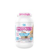 A container of VMI Sports Protolyte 100% Whey Isolate Protein powder with a pink label.