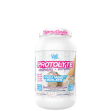 A container of VMI Sports Protolyte 100% Whey Isolate Protein powder with a pink label.
