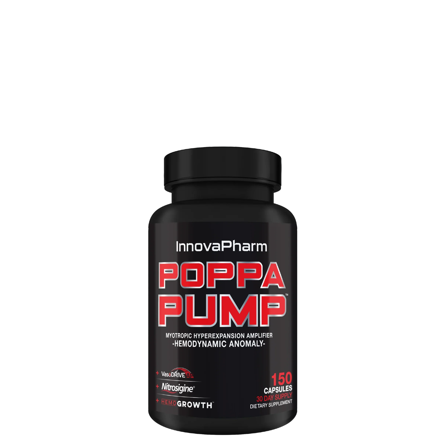 A bottle of InnovaPharm Poppa Pump supplement with red and white label, containing 150 capsules for muscle pump enhancement.