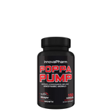 A bottle of InnovaPharm Poppa Pump supplement with red and white label, containing 150 capsules for muscle pump enhancement.