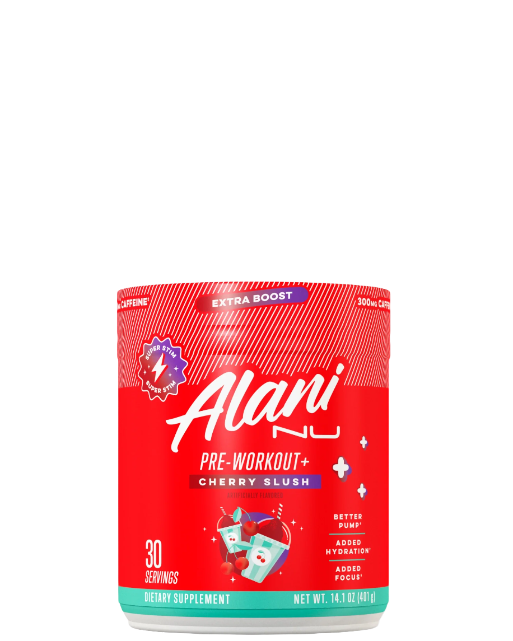 A container of Alani Nu Pre-Workout+ in cherry slug flavor, indicating it is a dietary supplement for energy and performance before workouts.