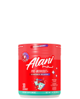 A container of Alani Nu Pre-Workout+ in cherry slug flavor, indicating it is a dietary supplement for energy and performance before workouts.
