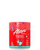 A container of Alani Nu Pre-Workout+ in cherry slug flavor, indicating it is a dietary supplement for energy and performance before workouts.