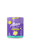 A container of Alani Nu Pre-Workout+ in cherry slug flavor, indicating it is a dietary supplement for energy and performance before workouts.