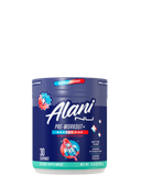 A container of Alani Nu Pre-Workout+ in cherry slug flavor, indicating it is a dietary supplement for energy and performance before workouts.