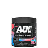 Container of ABE Ultimate Pre-Workout supplement with a graphic of a person working out on the front, and the flavor 'Baddy Berry' indicated.