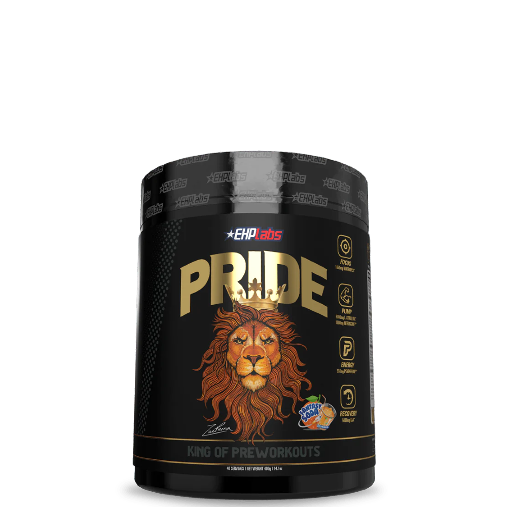 A container of PRIDE Pre-Workout supplement with a black and gold color scheme featuring a lion graphic.