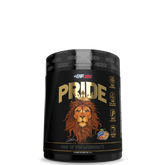 A container of PRIDE Pre-Workout supplement with a black and gold color scheme featuring a lion graphic.
