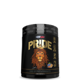 A container of PRIDE Pre-Workout supplement with a black and gold color scheme featuring a lion graphic.