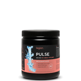 A container of Legion Pulse Stim-Free Pre-Workout Supplement with blue raspberry flavor, showing the brand logo and product information on the label.