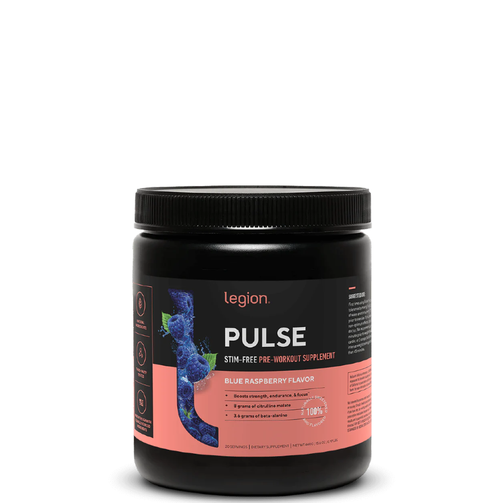 A container of Legion Pulse Stim-Free Pre-Workout Supplement with blue raspberry flavor, showing the brand logo and product information on the label.